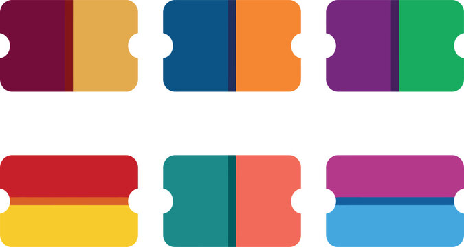 Colorful ticket templates with different colored sections  isolated on white background