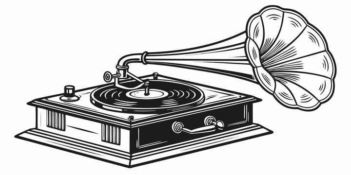 Vintage antique gramophone with vinyl record player illustration gramophone nostalgia gramophon phonograph turntable instrument recordings listening graphics illustration monochrome