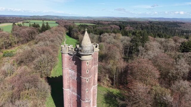 Alfred's Tower folly Somerset, England Panning drone aerial