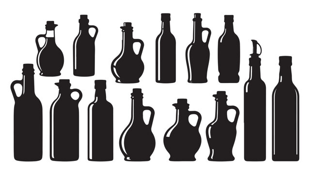 Minimalist olive oil bottle silhouettes, set of 13 black glass jug icons, culinary vinegar and condiment bottle vector collection for kitchen branding