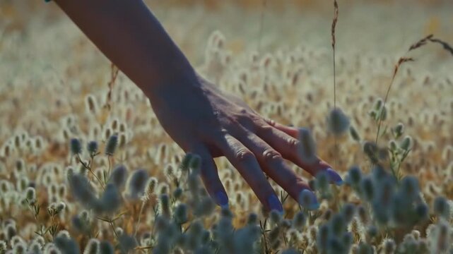 Touching Fluffy Wildflowers In Meadow. Soft Wild Plants
