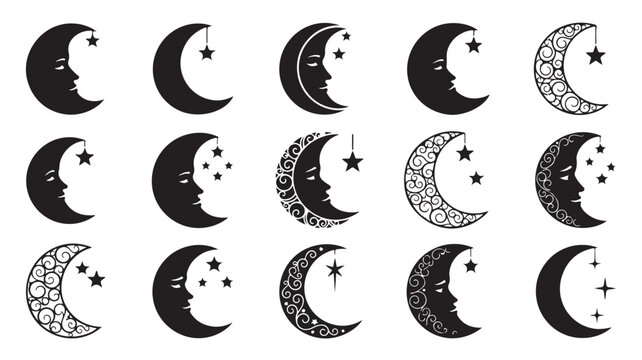 Celestial crescent moon face icons, set of 15 mystical moon and star vector illustrations, black and white lunar silhouettes for astrology and magic