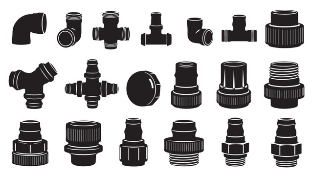 Industrial plumbing pipe fittings set, 20 black vector icons of PVC water connectors, hardware irrigation system components for construction