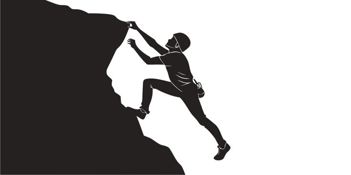 Black and white silhouette of a rock climber ascending a steep mountain ledge with mountain climbing gear climbing mountain silhouette adventure reaching bouldering determination
