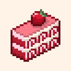 Fototapeta premium Strawberry cake slice, pixel art dessert, cute retro bakery illustration