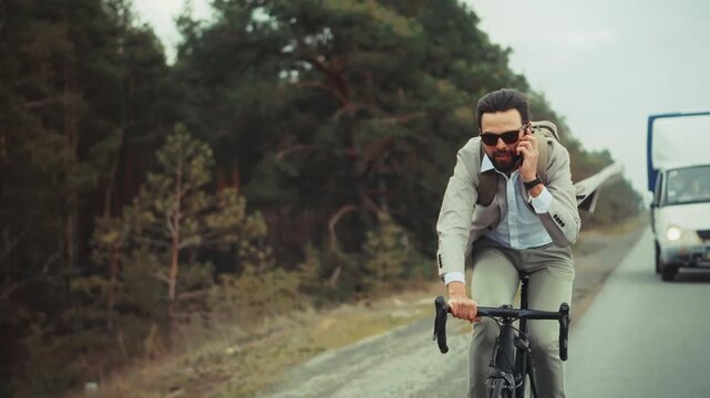 Businessman Commuting To Work On Road Bike. Active Business Lifestyle And Transportation