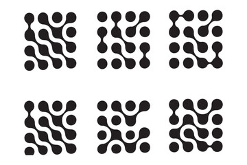 Fototapeta premium Metaball icon set. Connected dots signs. Integration abstract symbol. Circles fluid graphic pattern. Point movement. Connected blobs. Metaballs transition. Organic shapes. Set of flat logos. 