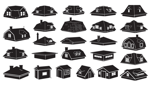 House roof silhouette icons set, 25 residential rooftop vector elements, black architectural building tops for real estate and construction design