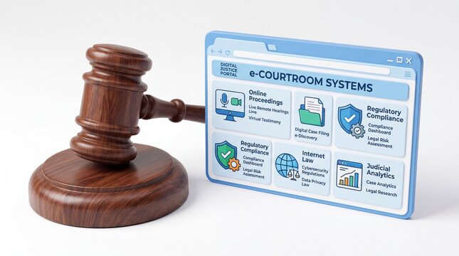 Wooden judge gavel with a digital web browser window