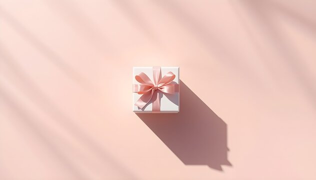 Minimal gift box with long shadow on pastel background.
