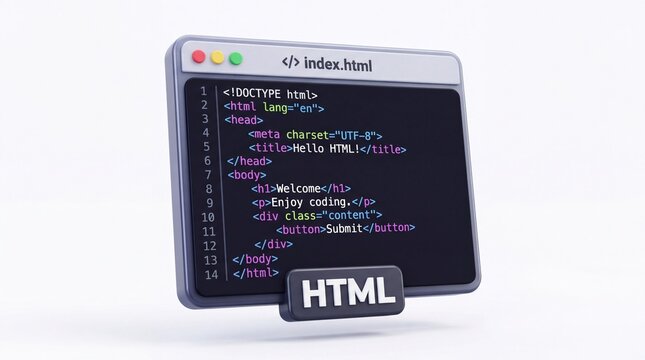 3d render of a computer code window with html tag