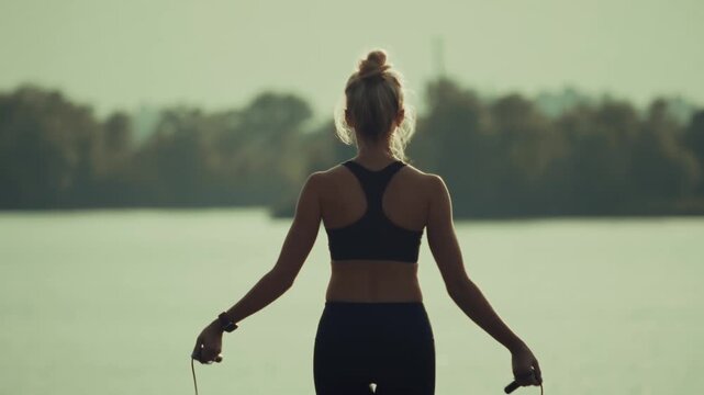 Athlete Jumping Rope During Workout By The River. Body Weight Loss Exercise