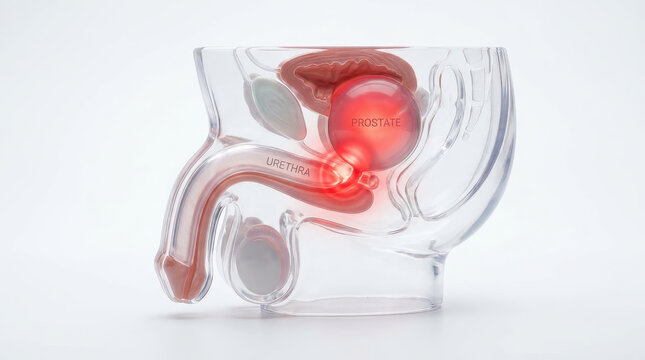 Male pelvic pain prostate inflammation urology men health anatomy, transparent medical model showing urinary system with prostate inflammation and pelvic pain concept for urology men health anatomy