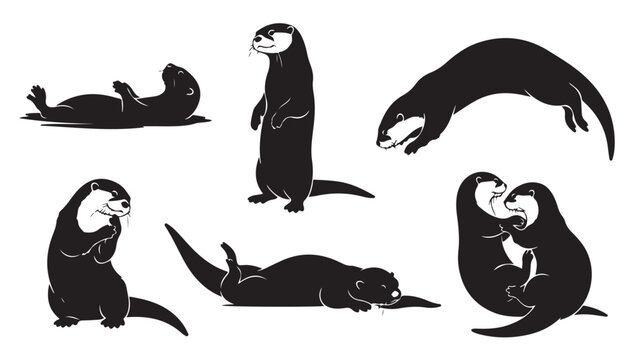 Minimalist otter silhouette collection, black and white aquatic mammal vector set, playful river otter icons in various poses for nature branding