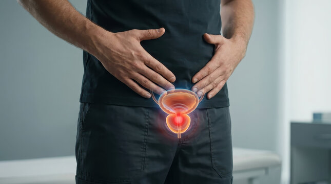 Male pelvic pain prostate inflammation urology men health anatomy concept with hands on lower abdomen medical illustration overlay in clinic interior for diagnosis treatment and patient care