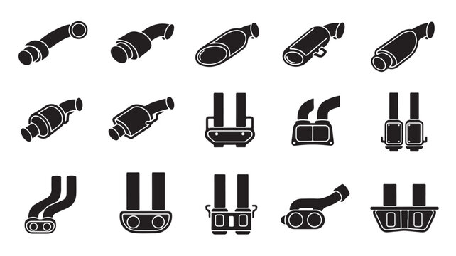Car exhaust system icons set, 15 black vector mufflers and catalytic converters, automotive tailpipe and engine exhaust components for repair shop