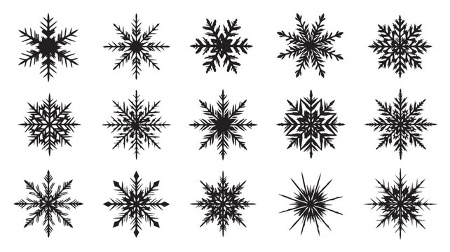 Minimalist black snowflake icons set, 15 geometric winter snow crystal vectors, decorative holiday ice flake silhouettes for Christmas design