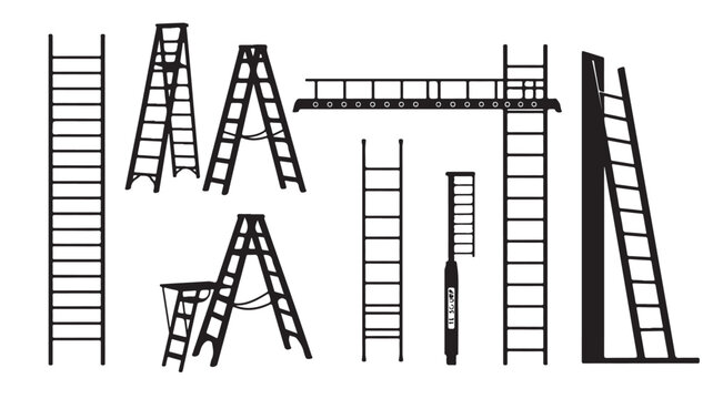 Industrial ladder silhouette collection, construction step ladders and scaffolding vector set, black metal climbing equipment icons for repair and building