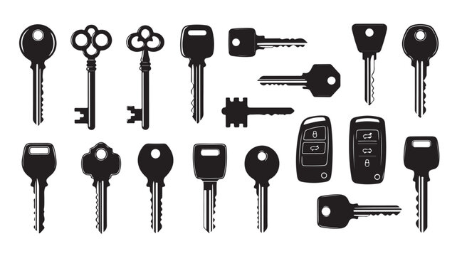 Vintage and modern keys vector collection, black silhouettes of door keys and car fobs, 18 security icons for locksmith and real estate services