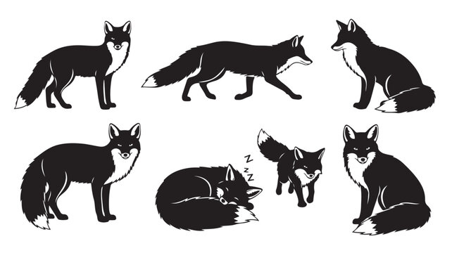 Minimalist black fox silhouettes, set of 7 wild animal vector icons, hand drawn fox illustrations in various poses for nature branding and logos