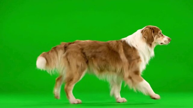 Australian Shepherd dog walking on green screen full body profile view isolated on chroma key background