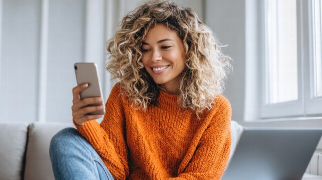 Woman using smartphone and smiling at home