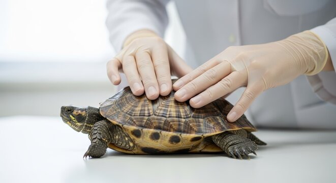 Vet examining turtle shell during checkup with hands gently touching animal. Vet's hands in gloves inspect turtle, ensuring health and well-being. Concept including vet services for pet care.