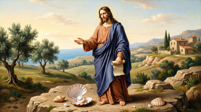 Jesus teaches the pearl parable with divine wisdom, guiding disciples in sacred truth.