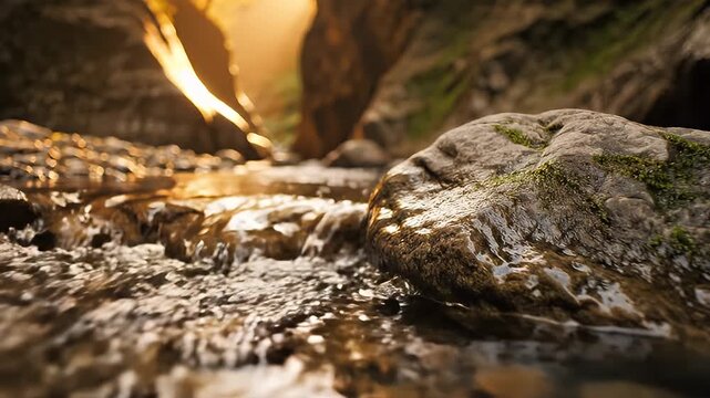 Close-up of mossy rock in flowing stream with sunlight filtering through canyon walls