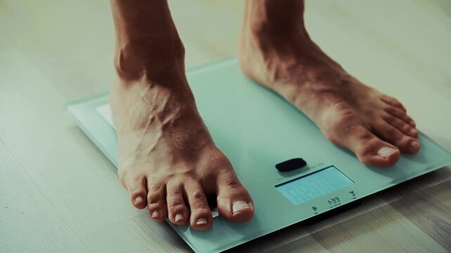 Feet Standing On Digital Floor Scales To Measure Body Weight.  Fitness Monitoring And Slimming Results