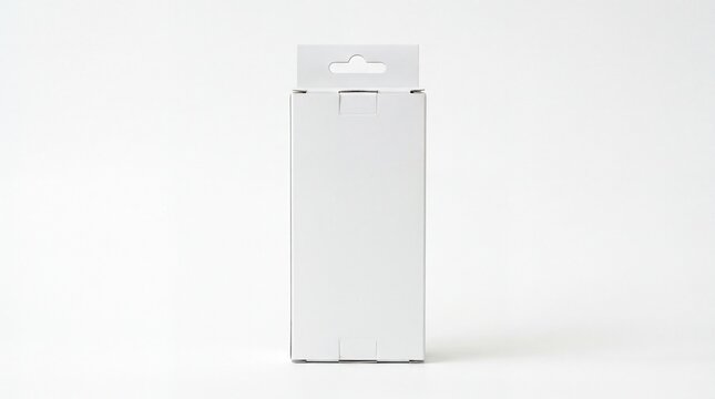 Blank white cardboard box with hanger tab for retail product