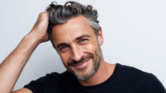 Smiling middle-aged man with gray hair touches his head and looks at the camera