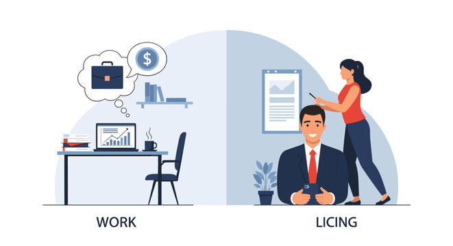 Illustration depicting the contrast between a busy work environment with a desk and computer, and a relaxed leisure setting with people interacting.