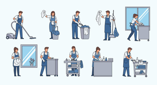 Set of professional janitors performing various cleaning services like vacuuming, mopping, and dusting in an office setting.