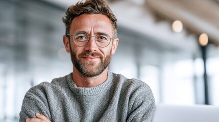 Obraz premium Portrait of a handsome man with glasses looking at the camera with a slight smile