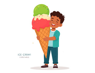 A happy young boy joyfully embraces a giant three-scoop ice cream cone, smiling brightly.