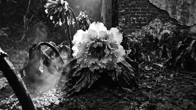 Black and white close up of a beautiful peony flower blossoming in a dark, post-apocalyptic garden setting