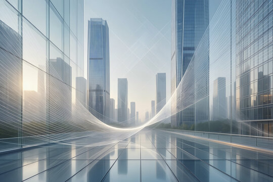 Abstract Cityscape Background with Glassmorphism Style, Translucent Layers, Soft Gradients, Light Reflections, and Modern Minimal Corporate Design