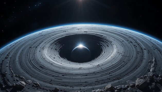 Futuristic Space Ring Station Orbiting Earth with Glowing City Lights and Cosmic Background. astroid belt