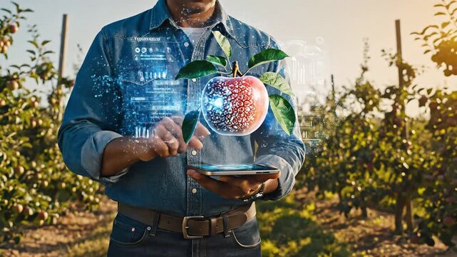 Farmer uses advanced technology to monitor apple orchard growth and health.
