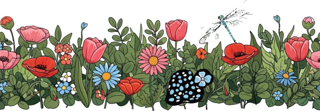 Colorful Wildflower Garden Border with Butterflies, Ladybug, and Dragonfly Nature Illustration