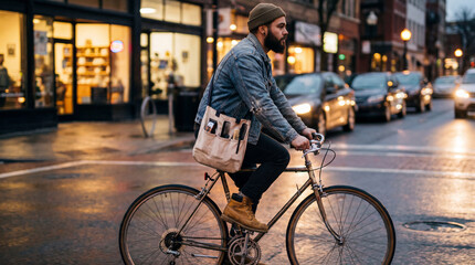 Fototapeta premium Bearded barber riding bicycle through city street at dusk carrying haircut tools in tote bag representing mobile service urban commute independent business sustainable lifestyle promotion