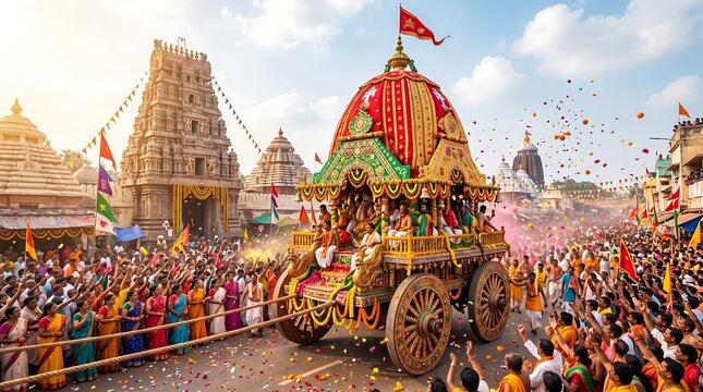Colorful Religious Procession With Decorative Chariot And Crowd Celebration