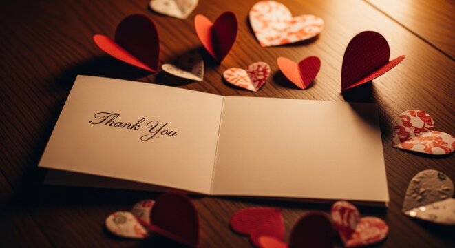 Heartfelt Gratitude A Thank You Card Surrounded by Paper Hearts.