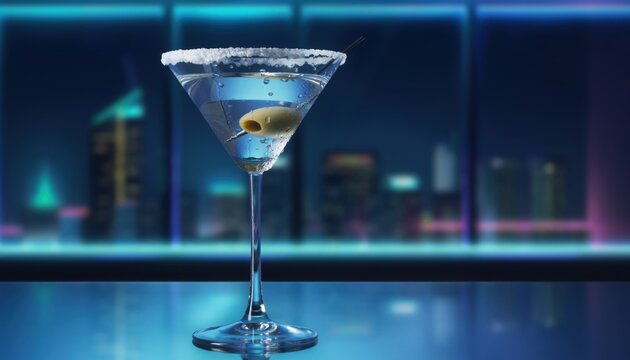 Elegant martini cocktail with olive and salt rim on a bar counter with a blurred cityscape background at night