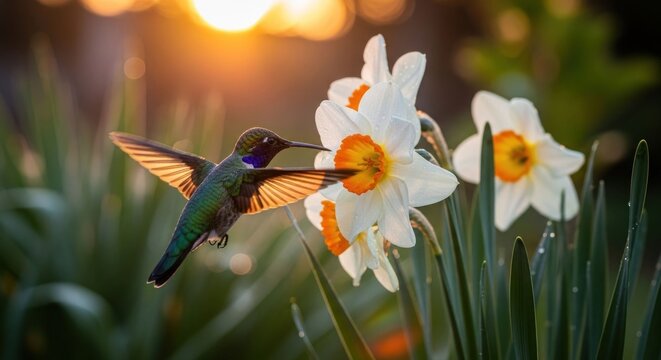 Hummingbird feeding on daffodil nectar at sunset a moment of natures beauty.