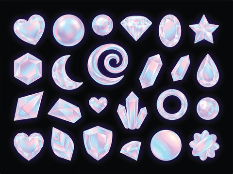 Collection of holographic pastel jewels and precious stones in various shapes and forms  hearts moons stars crystals and more on dark background