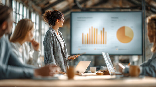 Business professionals in a meeting presenting financial data on a large screen