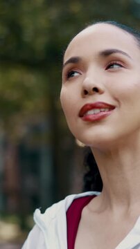 Fitness, happy and woman outdoor in nature for fresh air, endorphins and wellness with pride. Exercise, workout and female runner in park for rest, smile and athlete training or positive mindset