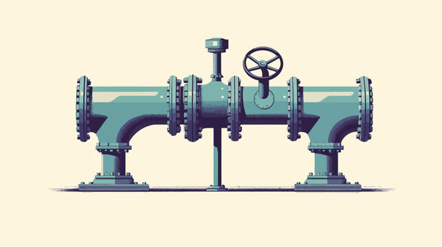A stylized illustration featuring an industrial pipeline, with a valve and bolted flanges